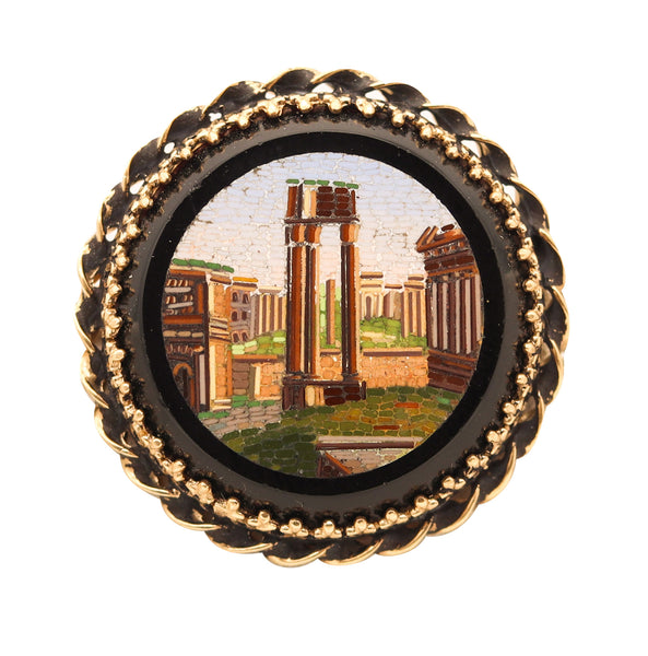 ROMAN REVIVAL 1890 Victorian Micro Mosaic Pendant Brooch In 14Kt Yellow Gold