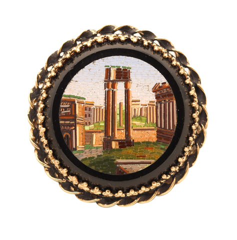 ROMAN REVIVAL 1890 Victorian Micro Mosaic Pendant Brooch In 14Kt Yellow Gold