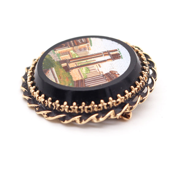 ROMAN REVIVAL 1890 Victorian Micro Mosaic Pendant Brooch In 14Kt Yellow Gold