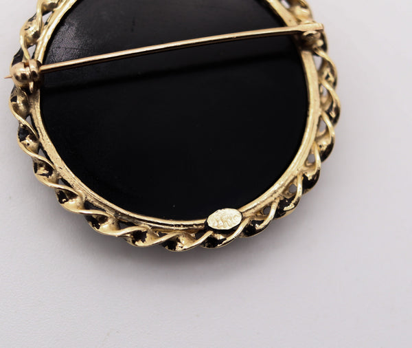 ROMAN REVIVAL 1890 Victorian Micro Mosaic Pendant Brooch In 14Kt Yellow Gold