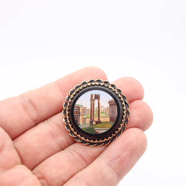 ROMAN REVIVAL 1890 Victorian Micro Mosaic Pendant Brooch In 14Kt Yellow Gold