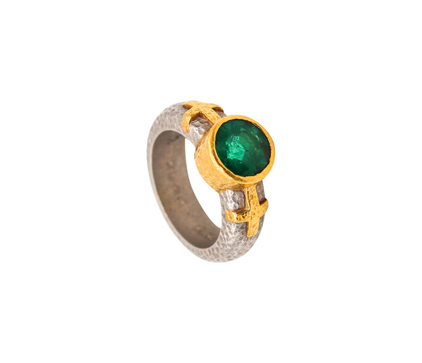 -Wendy Walker 1995 Hammered Ring In Platinum And 22Kt Gold With 1.45 Cts Emerald