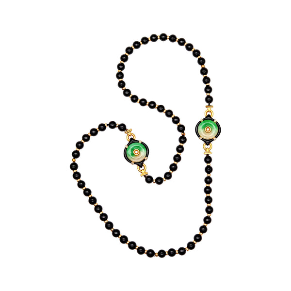 -Gumps Chinoiserie Onyx Long Necklace Sautoir In 18Kt Gold With Jade And Diamonds