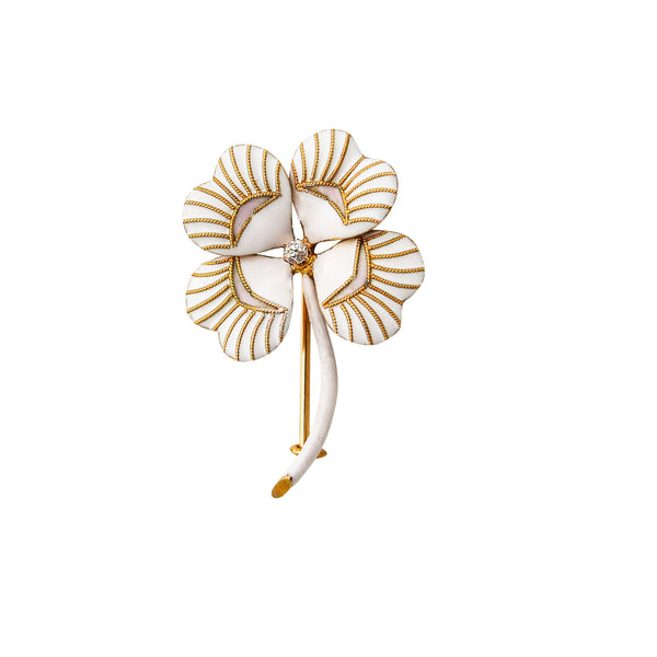 EDWARDIAN 1910 Enameled Four-Leaves Clover Brooch In 14Kt Gold & Diamond