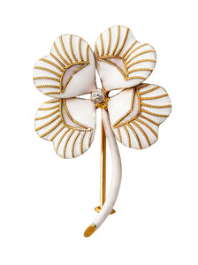 EDWARDIAN 1910 Enameled Four-Leaves Clover Brooch In 14Kt Gold & Diamond