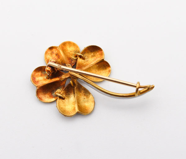 EDWARDIAN 1910 Enameled Four-Leaves Clover Brooch In 14Kt Gold & Diamond