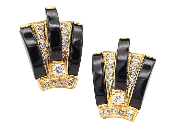 MODERNIST 1970 Earrings In 18Kt Yellow Gold With European Diamonds & Onyxes