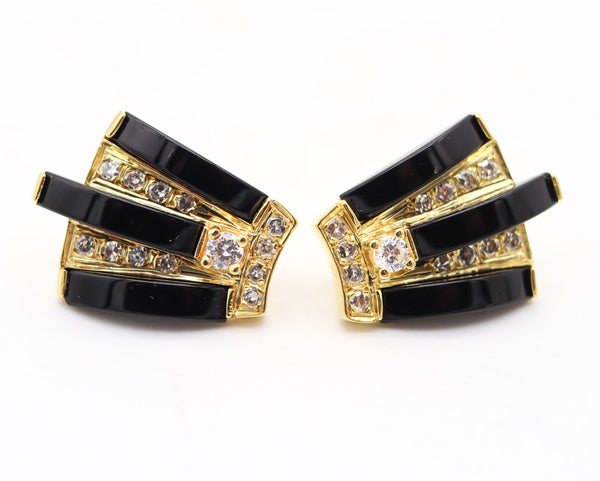 MODERNIST 1970 Earrings In 18Kt Yellow Gold With European Diamonds & Onyxes