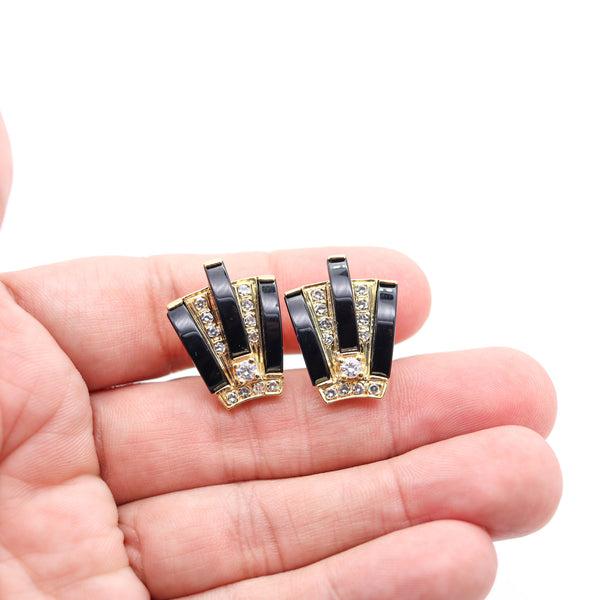 MODERNIST 1970 Earrings In 18Kt Yellow Gold With European Diamonds & Onyxes