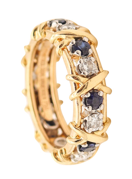 TIFFANY & CO. 1970 Paris Schlumberger Ring In 18Kt Gold Diamonds & Sapphires