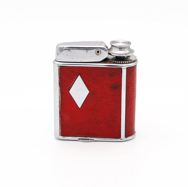 RONSON 1928 Art Deco Chromed Geometric Perfume Perfu-Mist Dispenser With Red Leather