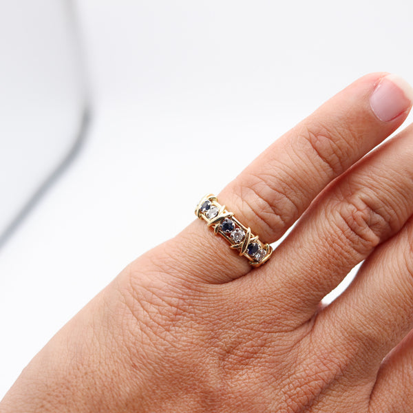 TIFFANY & CO. 1970 Paris Schlumberger Ring In 18Kt Gold Diamonds & Sapphires
