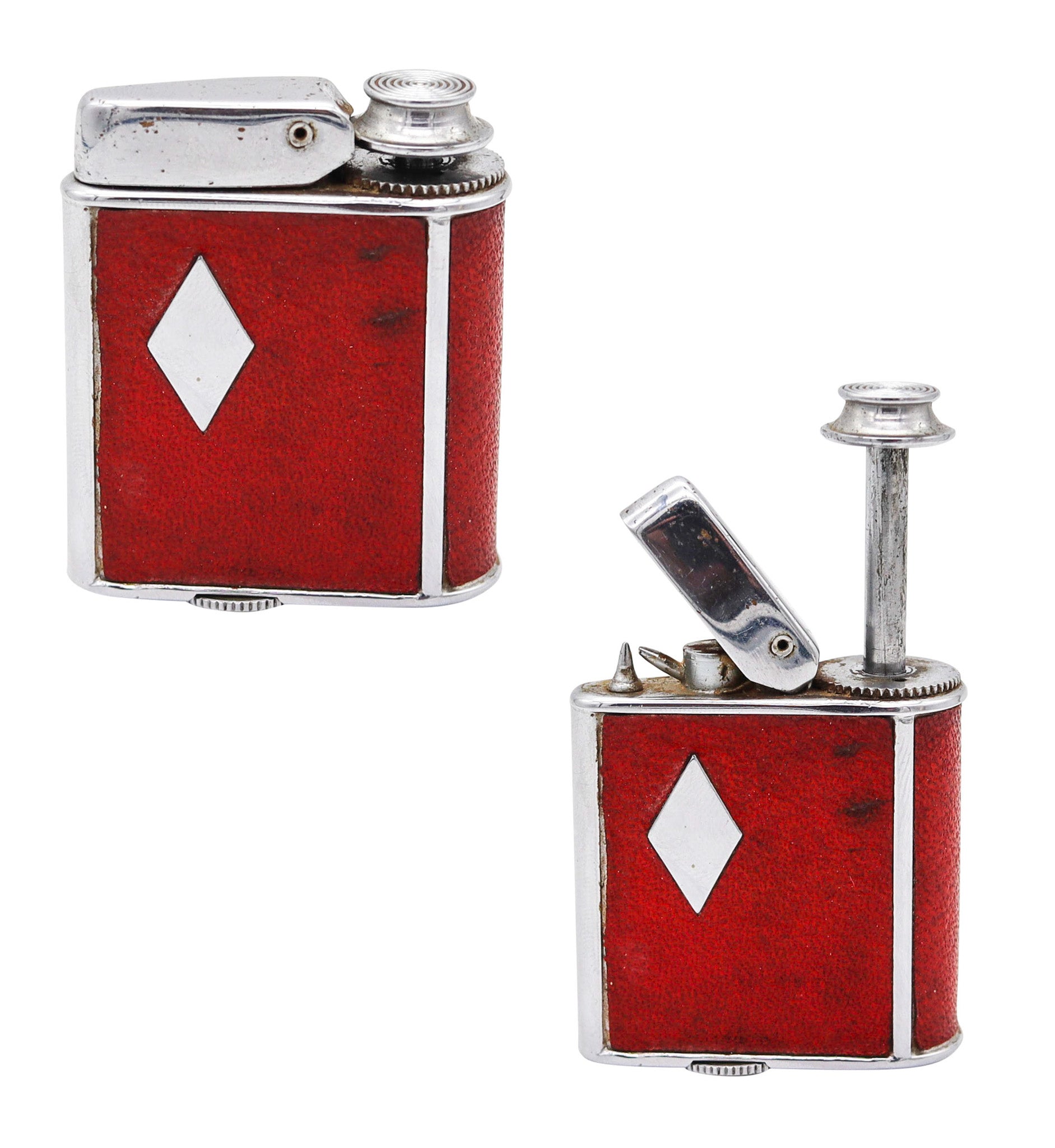 RONSON 1928 Art Deco Chromed Geometric Perfume Perfu-Mist Dispenser With Red Leather