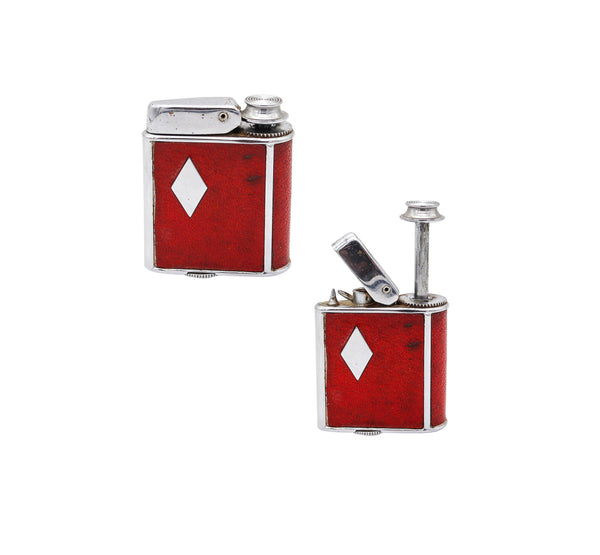 RONSON 1928 Art Deco Chromed Geometric Perfume Perfu-Mist Dispenser With Red Leather