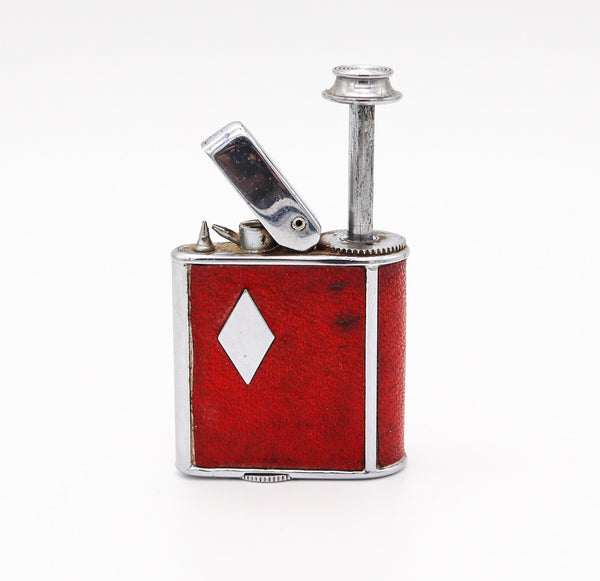 RONSON 1928 Art Deco Chromed Geometric Perfume Perfu-Mist Dispenser With Red Leather