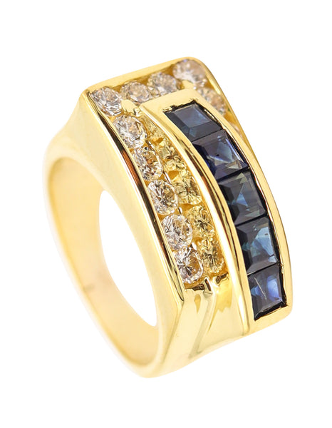 TANK RING Mid-Century Classic Ring In 14Kt Gold With Sapphires & Diamonds
