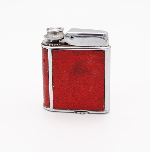 RONSON 1928 Art Deco Chromed Geometric Perfume Perfu-Mist Dispenser With Red Leather