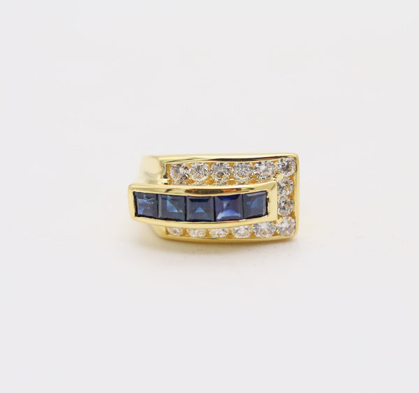 TANK RING Mid-Century Classic Ring In 14Kt Gold With Sapphires & Diamonds