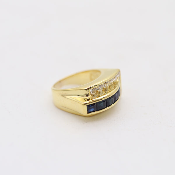 TANK RING Mid-Century Classic Ring In 14Kt Gold With Sapphires & Diamonds
