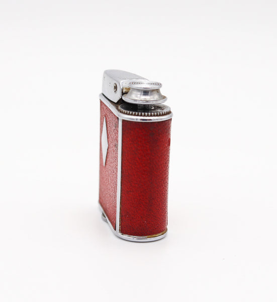 RONSON 1928 Art Deco Chromed Geometric Perfume Perfu-Mist Dispenser With Red Leather