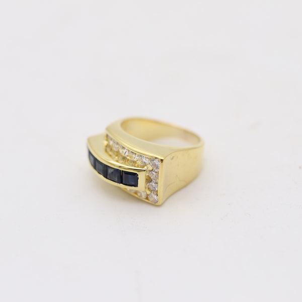 TANK RING Mid-Century Classic Ring In 14Kt Gold With Sapphires & Diamonds