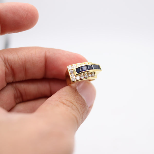 TANK RING Mid-Century Classic Ring In 14Kt Gold With Sapphires & Diamonds