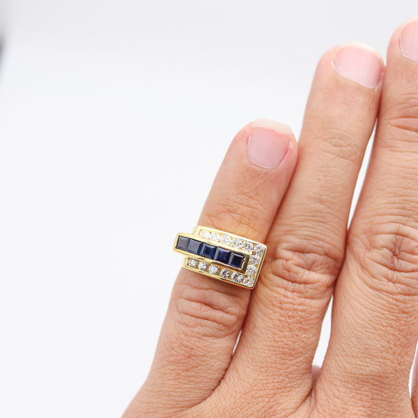 TANK RING Mid-Century Classic Ring In 14Kt Gold With Sapphires & Diamonds
