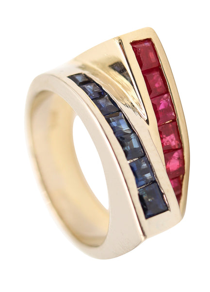 TANK RING Classic Ring In 14Kt Yellow And White Gold With Sapphires & Rubies
