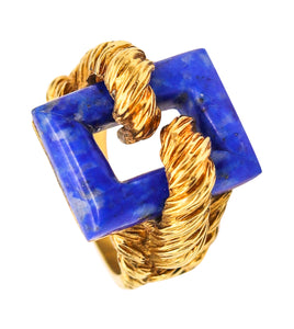 ITALIAN 1970 Twisted Modernist Ring In 18Kt Yellow Gold With Lapis Lazuli