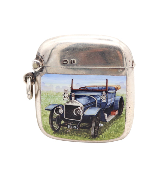 HENRY MATTHEWS 1910 Birmingham Enameled Car-Motif Vesta Case In .925 Sterling