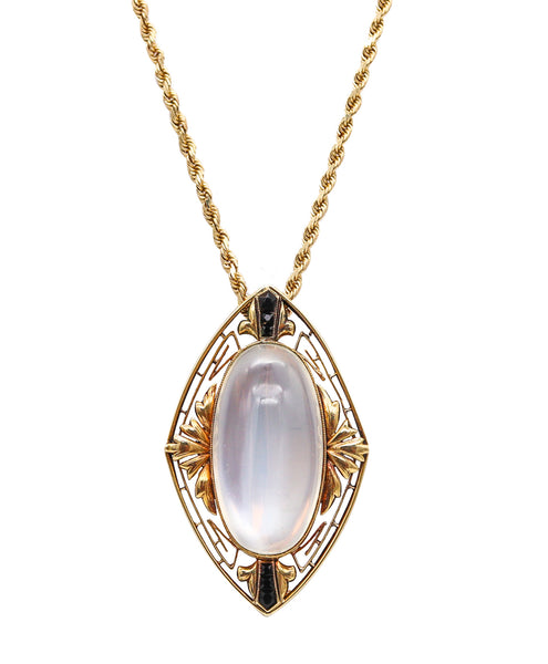Art Deco 1920 Antique  Pendant Brooch In 18Kt Gold With 29.58 Ctw Moonstone And Onyx