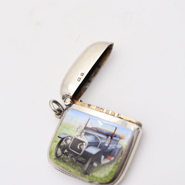 HENRY MATTHEWS 1910 Birmingham Enameled Car-Motif Vesta Case In .925 Sterling