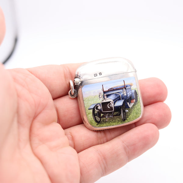 HENRY MATTHEWS 1910 Birmingham Enameled Car-Motif Vesta Case In .925 Sterling