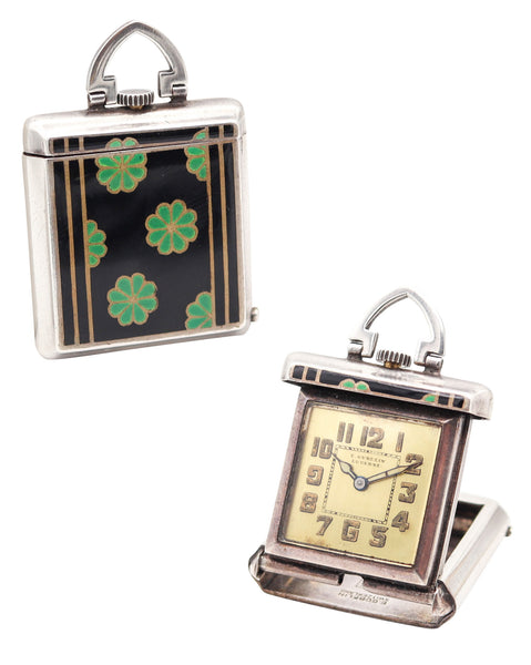 GUBELIN 1925 Art-Deco Enameled Foldable Purse Travel-Clock In .925 Sterling Silver