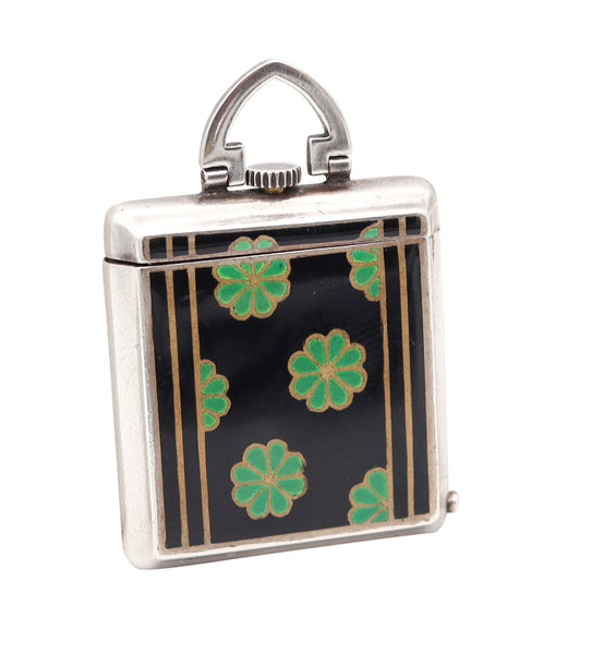 GUBELIN 1925 Art-Deco Enameled Foldable Purse Travel-Clock In .925 Sterling Silver