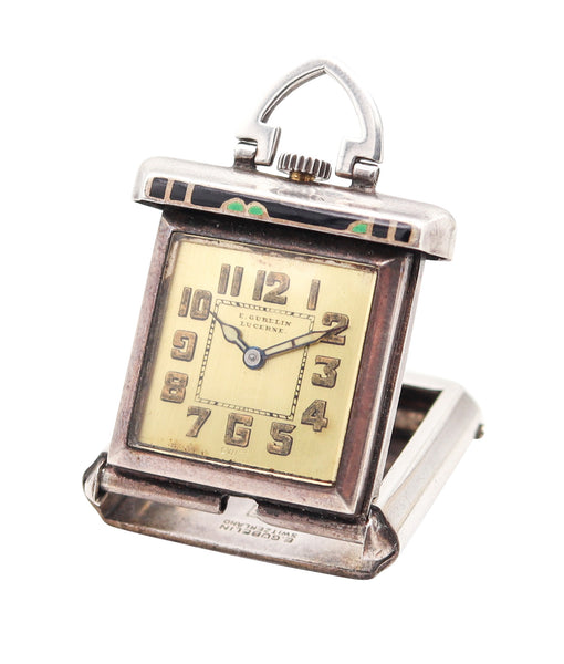 GUBELIN 1925 Art-Deco Enameled Foldable Purse Travel-Clock In .925 Sterling Silver