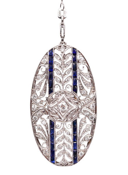 -Edwardian 1910 Pendant Brooch In Platinum With 2.35 Ctw In Diamonds And Sapphires