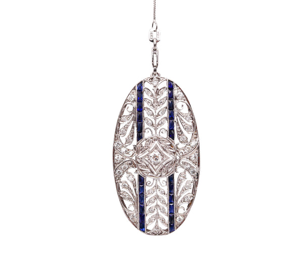 -Edwardian 1910 Pendant Brooch In Platinum With 2.35 Ctw In Diamonds And Sapphires