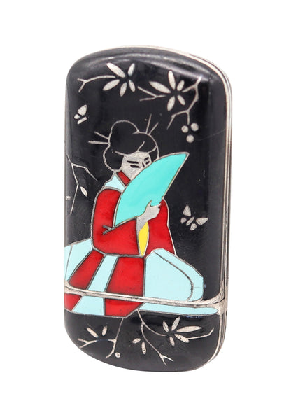 FAUVETY PARIS 1925 Art-Deco Enameled Chinoiserie Foldable Travel Clock In Sterling