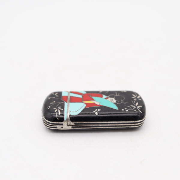 FAUVETY PARIS 1925 Art-Deco Enameled Chinoiserie Foldable Travel Clock In Sterling