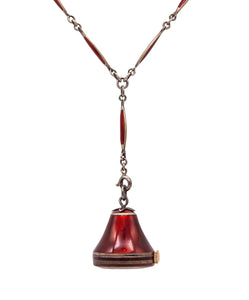 -Art Deco 1920 Lavalier Necklace Watch With Red Enamel Guilloche In .985 Silver