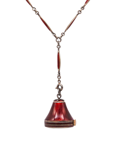 -Art Deco 1920 Lavalier Necklace Watch With Red Enamel Guilloche In .985 Silver