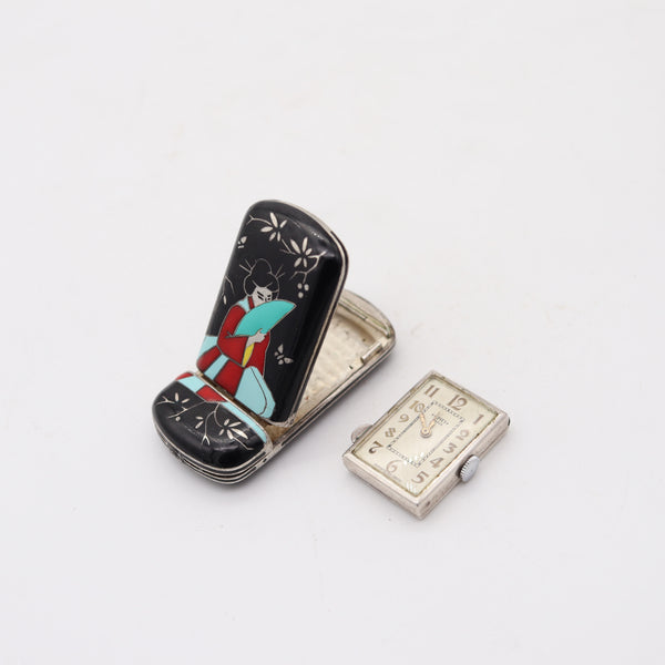 FAUVETY PARIS 1925 Art-Deco Enameled Chinoiserie Foldable Travel Clock In Sterling