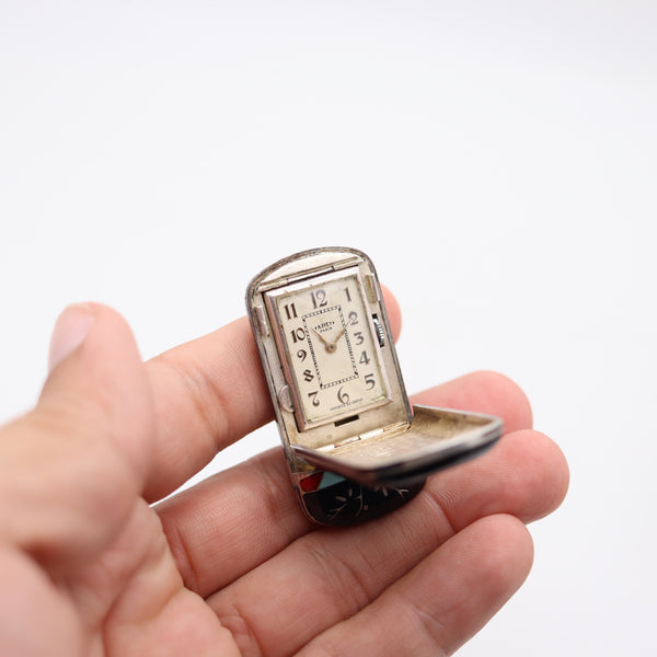 FAUVETY PARIS 1925 Art-Deco Enameled Chinoiserie Foldable Travel Clock In Sterling