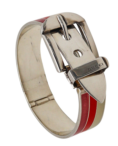 -Gucci 1980 Buckle Bracelet In .925 Sterling Silver With Red Pink And White Enamel