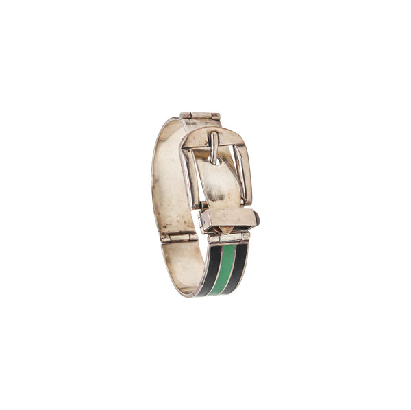-Gucci 1970 Buckle Bracelet In .925 Sterling Silver With Green And Black Enamel