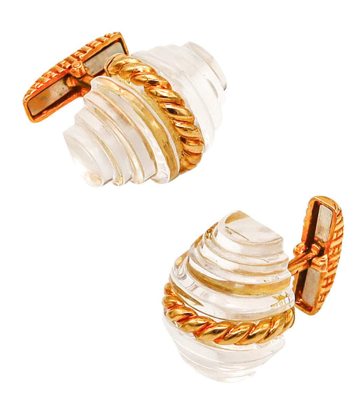 MODERNIST CUFFLINKS 1970 Stepped Carved Rock Quartz And Textured 18Kt Yellow Gold