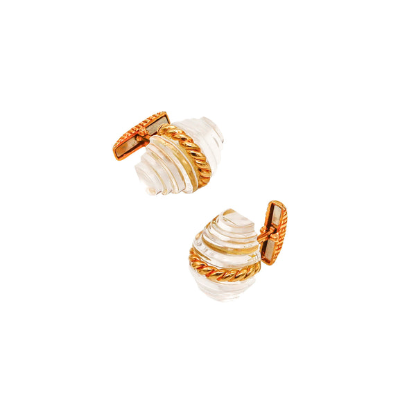 MODERNIST CUFFLINKS 1970 Stepped Carved Rock Quartz And Textured 18Kt Yellow Gold