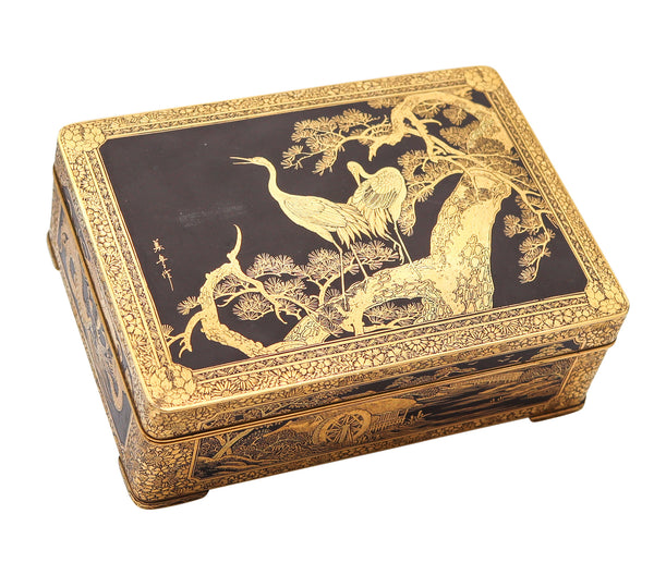 FUJI YOSHITOYO 1880 Japan Komai Desk Box In Gold Inlaid Iron damascene 24Kt Gold