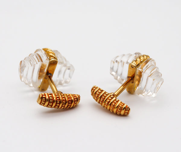 MODERNIST CUFFLINKS 1970 Stepped Carved Rock Quartz And Textured 18Kt Yellow Gold